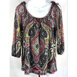 INC Cold Shoulder Mesh top PL multicolor Beads scoopneck 3/4 sleeve Psychedelic
